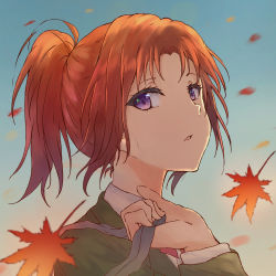 Rule 34 | 1girl, absurdres, bad id, bad pixiv id, bag, blazer, blue sky, bow, bowtie, brown hair, collared shirt, green jacket, hibike! euphonium, highres, holding, holding bag, jacket, leaf, long hair, long sleeves, looking at viewer, maple leaf, mellow4043, nakagawa natsuki, open mouth, outdoors, ponytail, purple eyes, red bow, red bowtie, school bag, school uniform, shirt, sky, solo, white shirt