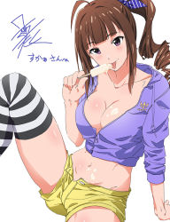 Rule 34 | 1girl, ahoge, blush, breasts, brown hair, cleavage, collarbone, cropped sweater, food, hood, hooded sweater, idolmaster, idolmaster million live!, large breasts, licking, long hair, looking at viewer, midriff, navel, popsicle, purple eyes, purple sweater, shorts, side ponytail, simple background, smile, solo, sweater, taku1122, thighs, tongue, tongue out, white background, yellow shorts, yokoyama nao