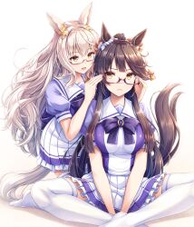 Rule 34 | 2girls, :d, adjusting another&#039;s eyewear, akashio (loli ace), animal ears, bandaid, bandaid on face, bandaid on nose, biwa hayahide (umamusume), black hair, breasts, commentary request, ear ornament, frilled skirt, frills, frown, hair between eyes, highres, horse ears, horse tail, indian style, kneeling, large breasts, long hair, multiple girls, narita brian (umamusume), no shoes, open mouth, pleated skirt, ponytail, puffy short sleeves, puffy sleeves, red-framed eyewear, school uniform, semi-rimless eyewear, short sleeves, siblings, sidelocks, simple background, sisters, sitting, skirt, smile, tail, thighhighs, tracen school uniform, umamusume, under-rim eyewear, v arms, very long hair, white background, white hair, white thighhighs, yellow eyes