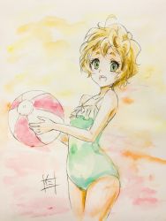 Rule 34 | 1girl, :d, bad id, bad pixiv id, ball, bare shoulders, beachball, blonde hair, blush, green eyes, green one-piece swimsuit, hibike! euphonium, highres, holding, holding ball, holding beachball, kawashima sapphire, looking at viewer, nii manabu, one-piece swimsuit, open mouth, short hair, signature, smile, solo, spaghetti strap, standing, swimsuit, traditional media, watercolor pencil (medium)