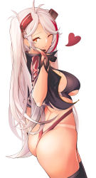 Rule 34 | 1girl, ass, azur lane, blowing kiss, breasts, clothing cutout, cropped shirt, earpiece, earrings, from side, gloves, half gloves, headgear, heart, highres, jacket, jewelry, large breasts, long hair, midriff, mole, mole on breast, multicolored hair, official alternate costume, one eye closed, open clothes, open jacket, panties, prinz eugen (azur lane), prinz eugen (final lap) (azur lane), purple jacket, race queen, red hair, red panties, simple background, solo, standing, streaked hair, tan, tanline, thighhighs, two-tone hair, underboob, underboob cutout, underwear, very long hair, white background, white hair, yellow eyes, yusha m, zettai ryouiki