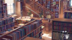 Rule 34 | window blinds, book, book stack, bookshelf, chair, commentary request, day, fire extinguisher, indoors, library, light rays, no humans, open book, original, plant, potted plant, railing, roomscape, scenery, shadow, sign, stairs, table, vase, watermark, window, xingzhi lv