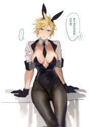 Rule 34 | ..., 1girl, anger vein, animal ears, aqua eyes, between breasts, black gloves, black necktie, black pantyhose, blonde hair, blush, breasts, chinese commentary, chinese text, cloud strife, collarbone, commentary request, covered navel, cropped jacket, detached collar, final fantasy, final fantasy vii, genderswap, genderswap (mtf), gloves, highres, impossible clothes, impossible leotard, jacket, large breasts, leaning back, leotard, looking at viewer, necktie, necktie between breasts, open clothes, open jacket, pantyhose, playboy bunny, rabbit ears, short hair, solo, speech bubble, spiked hair, spoken ellipsis, strapless, strapless leotard, thigh gap, translation request, white jacket, xianyu314