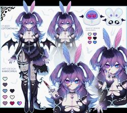 Rule 34 | 1girl, animal ears, black choker, black footwear, black ribbon, black skirt, black sleeves, black wings, blood, blood on face, bloody weapon, blue eyes, blue hair, bodice, boots, breasts, chain, choker, cleavage, collarbone, color guide, cottontail (vtuber), cross-laced clothes, cross-laced sleeves, detached sleeves, fingernails, fishnet pantyhose, fishnets, full body, heart, heart necklace, heterochromia, highres, holding, holding knife, indie virtual youtuber, jewelry, kamochiru, knee boots, knife, large breasts, leg ribbon, multicolored hair, necklace, pantyhose, purple eyes, purple hair, purple nails, rabbit ears, ribbon, sharp fingernails, skirt, solo, streaked hair, thigh ribbon, tiara, torn clothes, torn skirt, twintails, weapon, wings
