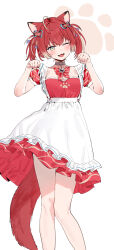 Rule 34 | 1girl, ;d, akami karubi, animal ears, apron, bow, breasts, brown choker, choker, collarbone, commentary request, dress, fang, feet out of frame, frilled apron, frills, gradient hair, grey eyes, hands up, heart, highres, indie virtual youtuber, looking at viewer, multicolored hair, one eye closed, open mouth, paw pose, puffy short sleeves, puffy sleeves, red bow, red dress, red hair, short sleeves, small breasts, smile, solo, standing, subachi, tail, two side up, virtual youtuber, white apron, white hair