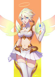 Rule 34 | 1girl, absurdres, angel wings, blue eyes, breasts, cleavage, dress, halo, highres, kezi, large breasts, league of legends, midriff, navel, riven (league of legends), solo, white hair, wings