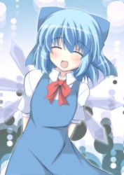Rule 34 | 1girl, arms behind back, blue dress, blue hair, blush, cirno, dress, closed eyes, fang, hair ribbon, ice, ice wings, masiromu, open mouth, ribbon, shirt, short sleeves, smile, solo, touhou, wings