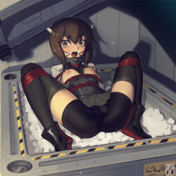 Rule 34 | 1girl, arms behind back, bdsm, bike shorts, black shorts, black thighhighs, blush, bondage, boots, bound, breasts, breasts out, brown eyes, brown hair, cad (caddo), clothes pull, collar, gag, gagged, hair between eyes, headband, highres, kantai collection, long sleeves, looking at viewer, metal collar, nipples, object insertion, open mouth, ring gag, rope, sex toy, shirt, shirt pull, short hair, shorts, sidelocks, small breasts, solo, spread legs, taihou (kancolle), thighhighs, underbust, uniform, vaginal, vaginal object insertion, vibrator, vibrator under clothes, white shirt