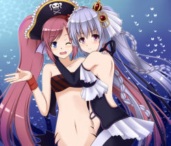 Rule 34 | 10s, 2girls, bermuda triangle, blue eyes, blush, braid, bubble, cardfight!! vanguard, detached sleeves, fins, grey hair, hat, long hair, looking at viewer, mermaid, monster girl, multiple girls, pink eyes, pirate hat, rainbow light carine, red hair, strapless, tube top, twintails, velvet voice raindear, wink, wristband
