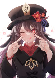 Rule 34 | 1girl, ;q, absurdres, bead bracelet, beads, black hat, black jacket, black nails, bracelet, brown hair, closed mouth, commentary request, flower, flower-shaped pupils, genshin impact, hair between eyes, hands up, hat, hat flower, highres, hu tao (genshin impact), jacket, jewelry, long hair, long sleeves, looking at viewer, nagare yoshimi, nail polish, one eye closed, red eyes, red flower, red shirt, ring, shirt, simple background, smile, solo, symbol-shaped pupils, tongue, tongue out, upper body, white background, wide sleeves