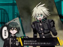 Rule 34 | 2boys, :d, ahoge, android, aoki (fumomo), armor, black gloves, black hair, black jacket, blood, blurry, blurry background, breast pocket, brown eyes, buttons, commentary request, danganronpa (series), danganronpa v3: killing harmony, double-breasted, fake screenshot, gloves, green eyes, grey hair, hair between eyes, index finger raised, jacket, k1-b0, looking at viewer, male focus, messy hair, multiple boys, nosebleed, open mouth, pink blood, pocket, power armor, saihara shuichi, smile, striped clothes, striped jacket, teeth, translation request, upper body, upper teeth only