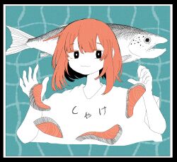 Rule 34 | 1girl, :3, aqua background, ashi izumo, black border, black eyes, border, bright pupils, closed mouth, clothes writing, cropped torso, fish, fish (food), food, hands up, highres, looking at viewer, original, salmon, salmon (fish), shirt, short sleeves, simple background, smile, solo, straight-on, t-shirt, translated, white pupils, white shirt