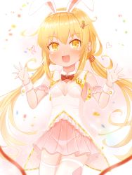 Rule 34 | 1girl, absurdres, alternate costume, animal ears, blonde hair, blush, breasts, confetti, detached collar, dress, fake animal ears, hair ornament, hairclip, heart, highres, kantai collection, long hair, low twintails, open mouth, panties, rabbit ears, rabbit tail, satsuki (kancolle), see-through, simple background, small breasts, solo, strapless, strapless dress, suzushiro (gripen39), tail, thighhighs, twintails, underwear, white dress, white panties, white thighhighs, wrist cuffs, yellow eyes
