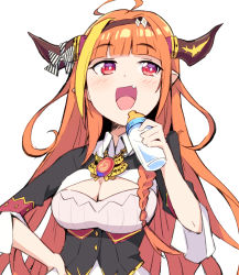 Rule 34 | 1girl, ahoge, baby bottle, black bow, black hairband, black jacket, blonde hair, blouse, blunt bangs, blush, bottle, bow, bowtie, braid, breasts, bright pupils, brooch, chain, chain necklace, chikuwa (majihima), cleavage, cleavage cutout, clothing cutout, collared shirt, commentary request, diagonal-striped bow, dot nose, dragon girl, dragon horns, fang, gradient eyes, hair ornament, hairband, hand on own hip, highres, holding, hololive, horn bow, horn ornament, horns, jacket, jewelry, kiryu coco, kiryu coco (1st costume), long hair, looking to the side, milk, multicolored bow, multicolored eyes, multicolored hair, necklace, open mouth, orange hair, pointy ears, purple eyes, red eyes, shirt, side braid, simple background, single braid, smile, smirk, solo, streaked hair, striped, upper body, very long hair, virtual youtuber, white bow, white shirt