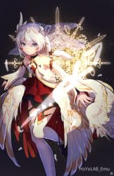 Rule 34 | 1girl, bandages, bare shoulders, black background, blue eyes, closed mouth, dress, emu (hoyolab), feathers, glowing, highres, honkai (series), honkai impact 3rd, long hair, looking at viewer, side ponytail, simple background, sleeveless, sleeveless dress, theresa apocalypse, theresa apocalypse (celestial hymn), thighhighs, veil, white dress, white hair, white sleeves, white thighhighs, wings