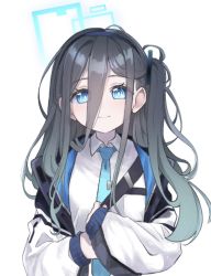 Rule 34 | 1girl, aqua necktie, aris (blue archive), black hair, black hairband, blue archive, blue eyes, blue halo, blue necktie, blush, bow, closed mouth, hair between eyes, hair bow, hairband, halo, highres, jacket, looking at viewer, multicolored clothes, multicolored jacket, necktie, shirt, shiwa (siwaa0419), side ponytail, smile, solo, tagme, upper body, white background, white shirt