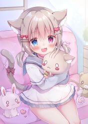 Rule 34 | 1girl, :3, animal ear fluff, animal ears, blue eyes, blush, cat ears, cat girl, cat tail, couch, dress, hair bobbles, hair ornament, hairclip, hanasakichu, heart, heart hair ornament, heterochromia, highres, holding, holding stuffed toy, indoors, light rays, low twintails, open mouth, original, pearl hair ornament, pink eyes, ribbon, sailor dress, short dress, short hair, sitting, solo, stuffed animal, stuffed cat, stuffed rabbit, stuffed toy, sunlight, tail, tail ornament, tail ribbon, teddy bear, twintails