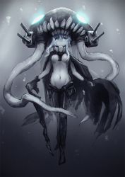 Rule 34 | 10s, 1girl, abyssal ship, black gloves, blue eyes, bodysuit, breasts, bubble, covered navel, full body, gloves, glowing, hikari151, kantai collection, long hair, pale skin, serious, silver hair, solo, staff, underwater, wo-class aircraft carrier