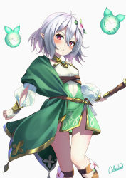 Rule 34 | 1girl, absurdres, blush, chakuma (yiyh1468), flower, green skirt, hair between eyes, hair flower, hair ornament, high-waist skirt, highres, holding, holding weapon, kokkoro (princess connect!), long sleeves, medium hair, miniskirt, parted lips, pointy ears, pricey, princess connect!, red eyes, see-through, shirt, signature, silver hair, simple background, skirt, solo, standing, thigh gap, weapon, white background, white flower, white shirt