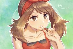 Rule 34 | 1girl, bad id, bad pixiv id, bow, brown eyes, brown hair, closed mouth, collarbone, creatures (company), finger to mouth, game freak, hair bow, hairband, index finger raised, long hair, looking at viewer, may (pokemon), nintendo, ooki1089, pokemon, pokemon oras, portrait, red bow, red hairband, red shirt, shirt, sleeveless, sleeveless shirt, smile, solo, swept bangs, twitter username