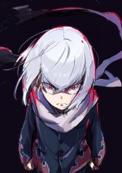 Rule 34 | 10s, 1boy, angry, anti (ssss.gridman), black background, bob cut, clenched hands, closed mouth, flame print, from above, gakuran, gridman universe, highres, looking at viewer, male focus, red eyes, scarf, school uniform, silver hair, simple background, solo, ssss.gridman, tama (tama-s)