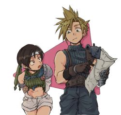 Rule 34 | 1boy, 1girl, als8za, armor, baggy pants, belt, black hair, blonde hair, blue pants, blue shirt, breasts, brown belt, brown gloves, chest strap, cloud strife, cowboy shot, crop top, earrings, final fantasy, final fantasy vii, fishnet armwear, gloves, green shirt, grey shorts, hair between eyes, headband, holding, holding map, jewelry, leaning forward, looking at another, map, medium breasts, midriff, open mouth, pants, shirt, short hair, short shorts, shorts, shoulder armor, single bare shoulder, single earring, single sleeve, sleeveless, sleeveless turtleneck, spiked hair, suspenders, talking, turtleneck, walking, white background, yuffie kisaragi
