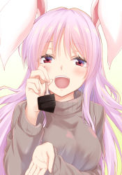 Rule 34 | 1girl, alternate costume, animal ears, bad id, bad pixiv id, blush, breasts, chocolate, commentary request, fork, gradient background, grey sweater, half-closed eyes, hisae (hisae collect), holding, holding fork, large breasts, long hair, long sleeves, looking at viewer, open mouth, pink hair, rabbit ears, red eyes, reisen udongein inaba, smile, solo, sweater, touhou, turtleneck, turtleneck sweater, upper body, yellow background