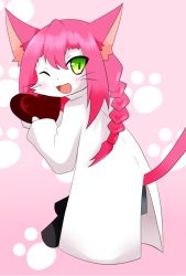 Rule 34 | 1girl, animal ears, artist request, cat busters, cat ears, cat tail, female focus, furry, furry female, green eyes, highres, long hair, neko hakase (cat busters), no humans, one eye closed, pink hair, solo, tail, twintails, valentine