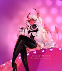 Rule 34 | 1girl, boots, coat, colored skin, demon girl, demon horns, demon tail, demon wings, dress, drink, elbow gloves, fur coat, glasses, gloves, heart, heart on cheek, helluva boss, high heel boots, high heels, highres, holding, holding drink, horns, knee boots, long hair, multicolored clothes, multicolored dress, pink-tinted eyewear, pink horns, pink skin, puffy sleeves, reminiza, sitting, stage, stage lights, star (symbol), tail, tinted eyewear, verosika mayday, white gloves, white hair, wings