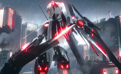 Rule 34 | 1girl, absurdres, barcode, building, commentary request, cowboy shot, eyes visible through hair, from behind, glowing, glowing headgear, grey background, grey sky, hair between eyes, highres, looking to the side, mecha, mecha musume, medium hair, original, outdoors, ponytail, punishing: gray raven, rain, red eyes, robot, rooftop, rosetta (punishing: gray raven), seymour (sai lu er), sky, solo, standing, textless version, white hair