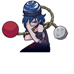 Rule 34 | 1girl, bare shoulders, black shirt, blue eyes, blue hair, breasts, chain, clothes writing, hair over one eye, hand on own face, hat, hecatia lapislazuli, hecatia lapislazuli (earth), helltaker, looking at viewer, multicolored clothes, off-shoulder shirt, off shoulder, shirt, skirt, solo, t-shirt, touhou, transparent background, warugaki (sk-ii)