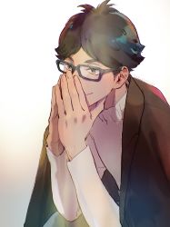 Rule 34 | 1boy, aged up, akaashi keiji, black hair, clothes on shoulders, covering own mouth, garter straps, glasses, grey eyes, haikyuu!!, highres, male focus, re it0, simple background, solo, sweater