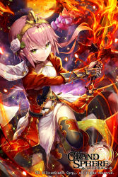 Rule 34 | 1girl, belt, black belt, black thighhighs, boots, brown coat, cape, closed mouth, coat, collarbone, commentary request, company name, copyright name, fire, flaming sword, flaming weapon, flower, from above, full moon, gabiran, gauntlets, gem, grand sphere, green eyes, hair between eyes, hair flower, hair ornament, hairband, holding, holding sword, holding weapon, juliet sleeves, knee boots, leg up, long hair, long sleeves, looking at viewer, low ponytail, moon, navel, official art, outstretched arm, pink flower, pink hair, pink rose, ponytail, puffy sleeves, purple sky, red footwear, rose, sidelocks, sky, smile, solo, sparkle, sword, thighhighs, tsurime, two-handed, waist cape, weapon, white cape