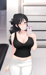 Rule 34 | 1girl, absurdres, barbell, barbell piercing, bare arms, bare shoulders, black hair, black tank top, blush, breasts, cellphone, cleavage, closed mouth, collarbone, commentary, crop top, ear blush, ear piercing, earrings, english commentary, grey eyes, gym, hand up, highres, holding, holding phone, jewelry, jjanda, large breasts, lips, long hair, looking at phone, original, pants, phone, piercing, ponytail, selfie, smartphone, smile, solo, swept bangs, tank top, weights, white pants