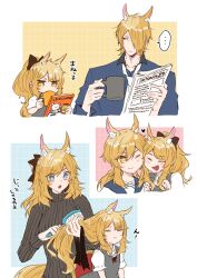 Rule 34 | ..., 1boy, 3girls, :&lt;, :/, ;), aged down, animal ear fluff, animal ears, arknights, black bow, blemishine (arknights), blonde hair, blue suit, blush, book, bow, bright pupils, brushing another&#039;s hair, brushing hair, casual, cheek-to-cheek, chinese commentary, closed eyes, closed mouth, commentary request, cup, dress, drinking, family, fingernails, formal, grey dress, hair between eyes, hair bow, hair brush, hair over one eye, heads together, highres, holding, holding another&#039;s hair, holding book, holding cup, holding hair brush, holding newspaper, horse boy, horse ears, horse girl, looking at another, lower teeth only, mlynar (arknights), mug, multiple girls, nearl (arknights), newspaper, one eye closed, one eye covered, open mouth, ponytail, shirt, short hair, smile, speech bubble, spoken ellipsis, suit, teeth, translated, whislash (arknights), white pupils, white shirt, xigongxiaozi, yellow eyes