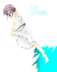 Rule 34 | 00s, 1girl, alternate costume, barefoot, black eyes, character name, clothes lift, dress, eyebrows, flat chest, from side, full body, ise (velvet088), jewelry, lifting own clothes, looking at viewer, nagato yuki, pleated skirt, profile, purple hair, ring, short hair, skirt, skirt lift, sleeveless, solo, standing, string, suzumiya haruhi no yuuutsu, white skirt