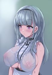 Rule 34 | 1girl, anchor choker, apron, azur lane, bare shoulders, black hairband, blunt bangs, blush, breasts, center frills, choker, closed mouth, clothing cutout, covered erect nipples, dido (azur lane), frilled choker, frills, hairband, highres, lace-trimmed hairband, lace trim, large breasts, long hair, purple eyes, see-through, shirt, sideboob, silver hair, sleeveless, sleeveless shirt, solo, underboob, underboob cutout, upanishi mariko, waist apron, wet, wet clothes, white apron