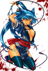 Rule 34 | 1girl, bad id, bad pixiv id, blood, blue eyes, blue hair, breasts, chain, cleavage, fingerless gloves, gloves, japanese clothes, large breasts, matching hair/eyes, ninja, rance (series), sandals, sengoku rance, solo, suzume (rance), tattoo, thighhighs, utsugi (skydream)
