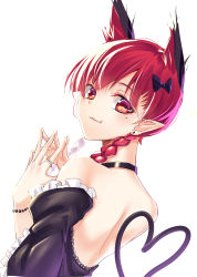 Rule 34 | 1girl, :3, alternate costume, animal ears, bare back, bare shoulders, bead bracelet, beads, black choker, black dress, blush, bracelet, braid, cat ears, choker, commentary request, dress, ear piercing, fang, fang out, frills, from behind, hands up, heart, heart of string, highres, jewelry, kaenbyou rin, koissa, lips, long hair, long sleeves, looking at viewer, looking back, mole, mole under eye, off-shoulder dress, off shoulder, one-hour drawing challenge, own hands together, piercing, pointy ears, red eyes, red hair, ring, simple background, smile, solo, steepled fingers, touhou, twin braids, upper body, white background, wide sleeves