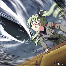 Rule 34 | 10s, 1girl, action, ammunition, anchovy (girls und panzer), arm support, artist name, belt, black shirt, projectile trail, carro armato p40, dress shirt, drill hair, girls und panzer, green hair, grey jacket, grimace, h-new, hair ribbon, jacket, long hair, long sleeves, military, military uniform, military vehicle, motion blur, motor vehicle, necktie, pants, ribbon, shell (projectile), shirt, signature, solo, tank, twin drills, twintails, uniform, vehicle