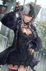 Rule 34 | 1girl, absurdres, advarcher, black choker, black dress, black gloves, black hair, black jacket, black thighhighs, breasts, choker, cleavage, dress, fingerless gloves, frilled choker, frills, gloves, hair ornament, highres, hololive, hololive english, jacket, large breasts, looking at viewer, medium hair, multicolored hair, outdoors, shiori novella, shiori novella (1st costume), smile, split-color hair, thighhighs, v, virtual youtuber, white hair, yellow eyes