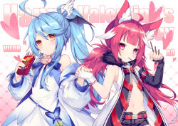 Rule 34 | 2girls, ahoge, animal ear fluff, animal ears, ao jun, between fingers, black dress, black shorts, black sleeves, blue bow, blue hair, bow, commentary, detached sleeves, dress, english commentary, fingerless gloves, flower, food, food in mouth, gloves, grin, happy valentine, heart, holding, holding food, jacket, long hair, long sleeves, low twintails, mouth hold, multicolored hair, multiple girls, navel, off shoulder, open clothes, open dress, open jacket, original, pink flower, pink rose, puffy long sleeves, puffy sleeves, red eyes, red hair, rose, shorts, single detached sleeve, single glove, sleeveless, sleeveless dress, sleeves past wrists, smile, twintails, two-tone hair, upper body, valentine, very long hair, white dress, white gloves, white hair, white jacket, wing hair ornament