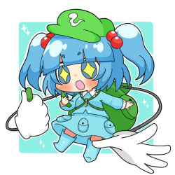 Rule 34 | + +, 1girl, :d, aqua background, backpack, bag, blue footwear, blue hair, blue jacket, blue skirt, blunt bangs, boots, border, cucumber, flat cap, food, full body, green bag, green hat, hair bobbles, hair ornament, hat, holding, holding food, jacket, kawashiro nitori, key, long sleeves, looking at viewer, mechanical arms, momomomilk, open mouth, pocket, rubber boots, short eyebrows, short hair, skirt, smile, solo, star (symbol), touhou, two side up, white border