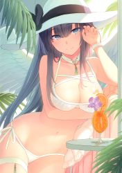 Rule 34 | 1girl, absurdres, angel wings, bare shoulders, bikini, black hair, blue eyes, breasts, cherry, cleavage, closed mouth, collarbone, cowboy shot, cup, drinking glass, drinking straw, feathered wings, flower, food, fruit, hair between eyes, hand up, hat, hat ribbon, highres, ice, ice cube, large breasts, leaf, long hair, looking at viewer, mole, mole under eye, navel, original, pillow, purple flower, ribbon, scan, side-tie bikini bottom, smile, solo, sun hat, swimsuit, table, thigh strap, tropical drink, white bikini, white hat, wings, wristband, yashiro seika