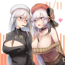 Rule 34 | 2girls, aran sweater, arms behind back, azur lane, bare shoulders, belfast (azur lane), belfast (shopping with the head maid) (azur lane), belt, beret, between breasts, black belt, black bow, black choker, black sweater, blue eyes, blush, bow, breasts, brown sweater, cable knit, choker, cleavage, cleavage cutout, clothes writing, clothing cutout, collarbone, commentary request, earrings, enterprise (azur lane), food, food in mouth, hair between eyes, hair bow, hat, head tilt, heart, highres, hoop earrings, jewelry, large breasts, leaning forward, long hair, long sleeves, looking at another, meme attire, mouth hold, multiple girls, off-shoulder sweater, off shoulder, open mouth, pocky, pocky day, pocky kiss, purple eyes, red headwear, ribbed sweater, satou rin (gobugabuge), shared food, sidelocks, silver hair, sweat, sweater, turtleneck, turtleneck sweater, upper body, white headwear, yuri