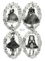 Rule 34 | 4girls, alternate costume, alternate hairstyle, ankle lace-up, arms behind back, blush, bonnet, boots, bow, braid, breasts, chin strap, copyright name, cross-laced clothes, cross-laced footwear, cross print, dress, dress bow, flower, frills, fullmetal alchemist, gothic lolita, hair ribbon, hairband, hands up, hat, high heels, highres, holding, holding mask, jellymlk, juliet sleeves, lace-up boots, lan fan, lolita fashion, lolita hairband, long hair, long sleeves, looking at viewer, mask, unworn mask, may chang, monochrome, multiple girls, own hands together, pantyhose, print legwear, puffy sleeves, red lips, ribbon, riza hawkeye, shoes, sidelocks, smile, spot color, standing, swept bangs, twin braids, twintails, wide sleeves, winry rockbell