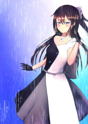 Rule 34 | 1girl, aqua eyes, artist name, artist request, back bow, bare shoulders, belt, black dress, black gloves, black skirt, blue eyes, blue sky, blush, bow, breasts, brown hair, buttons, choker, cleavage, cloud, collarbone, crying, crying with eyes open, day, dress, drop earrings, earrings, female focus, gloves, grey belt, grey bow, grey skirt, hair between eyes, hair bow, half-closed eyes, high ponytail, highres, jewelry, lace, lace gloves, long hair, looking at viewer, love live!, love live! nijigasaki high school idol club, love live! school idol festival, multicolored clothes, necklace, off-shoulder dress, off shoulder, osaka shizuku, outdoors, parted lips, playing with own hair, ponytail, purple bow, rain, sidelocks, skirt, sky, sleeveless, sleeveless dress, small breasts, smile, solitude rain (love live!), solo, tears, two-tone dress, upper body, white bow, white dress, white skirt