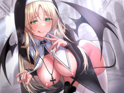Rule 34 | 1girl, :p, bent over, black dress, blonde hair, blush, breasts, church, cleavage, cross, cross necklace, demon, demon girl, demon tail, demon wings, dress, green eyes, hanging breasts, highres, indoors, jewelry, kamatsuka, large breasts, licking lips, long hair, looking at viewer, necklace, nipples, non-web source, nun, original, sidelocks, solo, tail, thighhighs, tongue, tongue out, white thighhighs, wings
