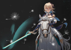 Rule 34 | 1girl, absurdres, animal, beiyi16, blonde hair, blue capelet, blue eyes, capelet, closed mouth, dandelion, detached collar, flower, gauntlets, genshin impact, hair ribbon, high collar, high ponytail, highres, holding, holding sword, holding weapon, horse, horseback riding, jean (genshin impact), looking at viewer, pants, ponytail, reins, resolution mismatch, ribbon, riding, saddle, sidelocks, source larger, sword, tight clothes, tight pants, weapon, white horse, white pants