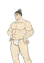 Rule 34 | 1boy, abs, bara, black hair, bulge, couple, feet out of frame, fundoshi, hands on own hips, highres, japanese clothes, jujutsu kaisen, kobikimaru, large pectorals, looking ahead, male focus, multiple boys, muscular, muscular male, navel, nipples, pectorals, scar, scar across eye, short hair, sideburns, solo, standing, stomach, strongman waist, thick thighs, thighs, topless male, toudou aoi (jujutsu kaisen)